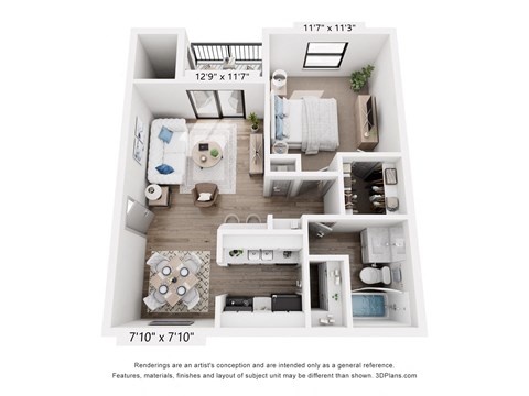 Floor plan for 1 bed, 1 bath, 584 sqft